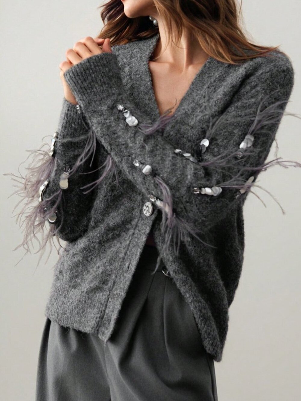Dark Grey Casual Women's Floral Sequin Feather Pullover Sweater
